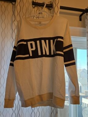 PINK Victoria's Secret Cream Crewneck Sweater with Black Logo Band